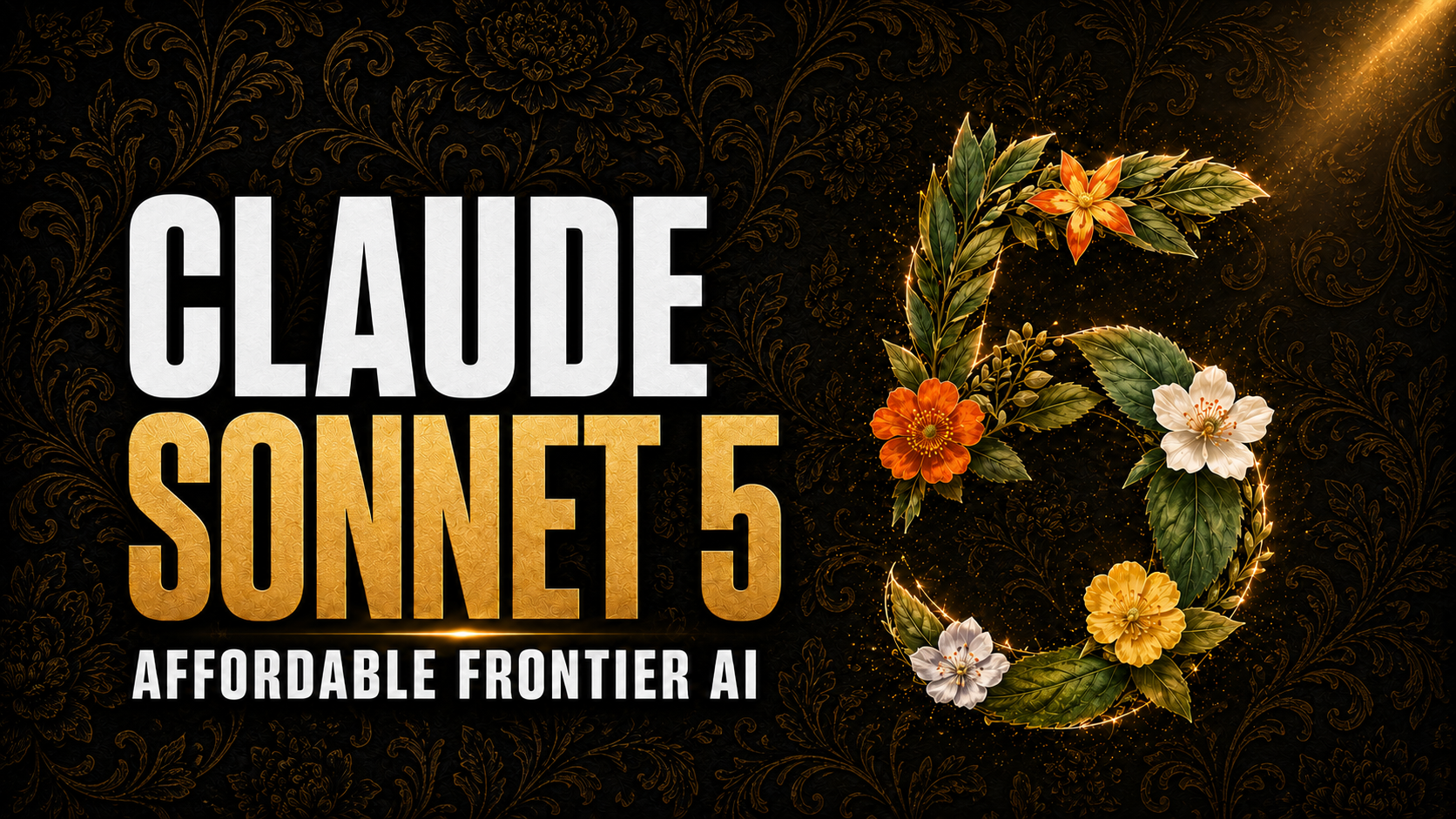 Claude Sonnet 5 blog cover with bold gold typography, a floral glowing number 5, and a dark luxury botanical background.
