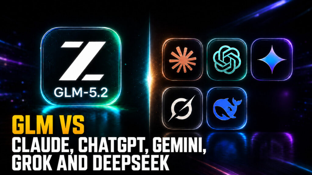 GLM vs Claude, ChatGPT, Gemini, Grok and DeepSeek thumbnail showing a glowing GLM-5.2 logo facing a grid of rival AI model icons in a dark cinematic neon background.