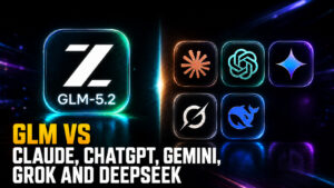 GLM vs Claude, ChatGPT, Gemini, Grok and DeepSeek thumbnail showing a glowing GLM-5.2 logo facing a grid of rival AI model icons in a dark cinematic neon background.
