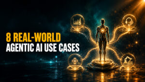 Cinematic thumbnail with the headline “8 REAL-WORLD AGENTIC AI USE CASES” beside a glowing humanoid AI agent connected to banking, healthcare, customer service and manufacturing icons on a dark teal and amber background.