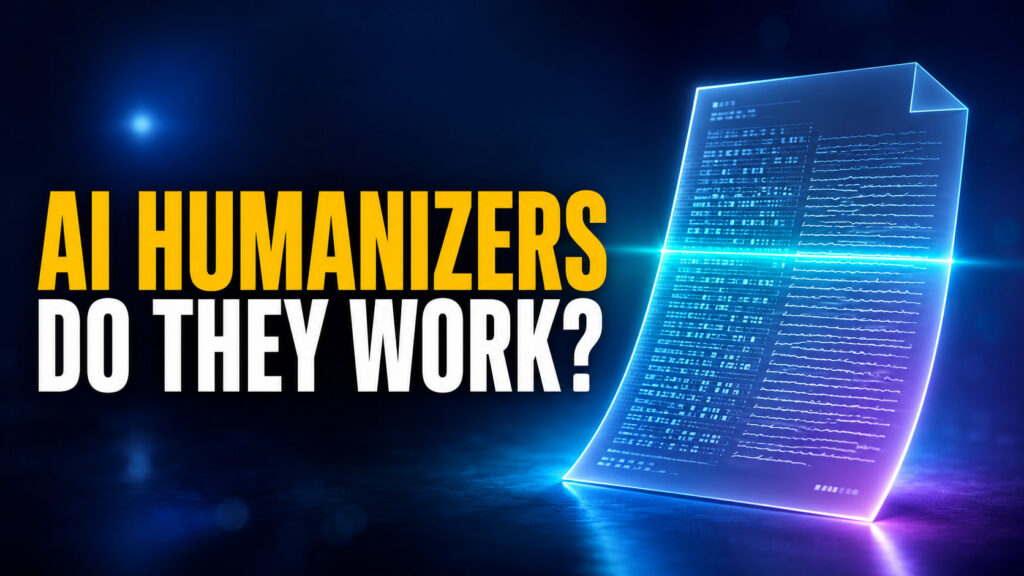 Wide FelloAI thumbnail with the headline “AI HUMANIZERS — DO THEY WORK?” beside a glowing digital document being scanned, symbolizing AI-written text transformed to evade detection.
