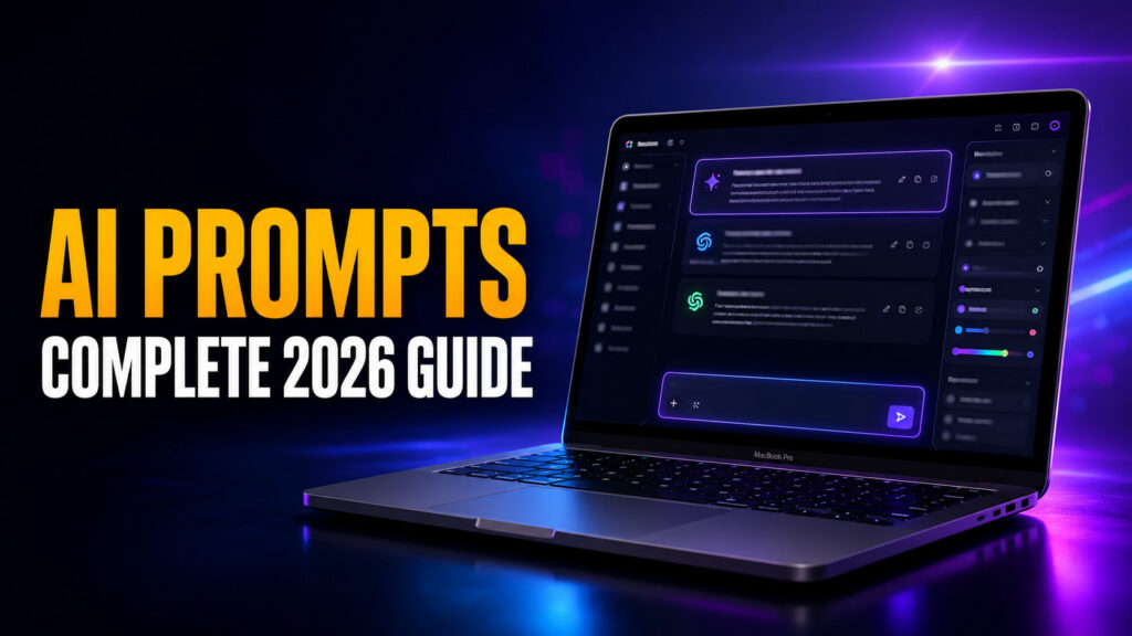 Fello AI article thumbnail for “AI Prompts: Complete 2026 Guide,” showing a sleek MacBook Pro with a dark AI prompting workspace on a navy and purple neon background. Bold amber and white headline text reads “AI PROMPTS / COMPLETE 2026 GUIDE.”