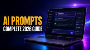 Fello AI article thumbnail for “AI Prompts: Complete 2026 Guide,” showing a sleek MacBook Pro with a dark AI prompting workspace on a navy and purple neon background. Bold amber and white headline text reads “AI PROMPTS / COMPLETE 2026 GUIDE.”