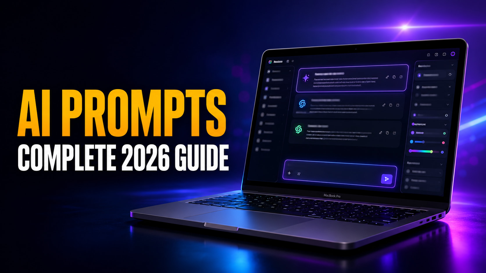 Fello AI article thumbnail for “AI Prompts: Complete 2026 Guide,” showing a sleek MacBook Pro with a dark AI prompting workspace on a navy and purple neon background. Bold amber and white headline text reads “AI PROMPTS / COMPLETE 2026 GUIDE.”