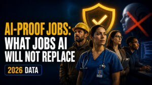 Widescreen thumbnail with the headline “AI-PROOF JOBS: WHAT JOBS AI WILL NOT REPLACE” and a “2026 DATA” badge, alongside a group of workers including a caregiver, construction worker, office professional, and programmer, with a glowing shield and crossed-out robot in the background.