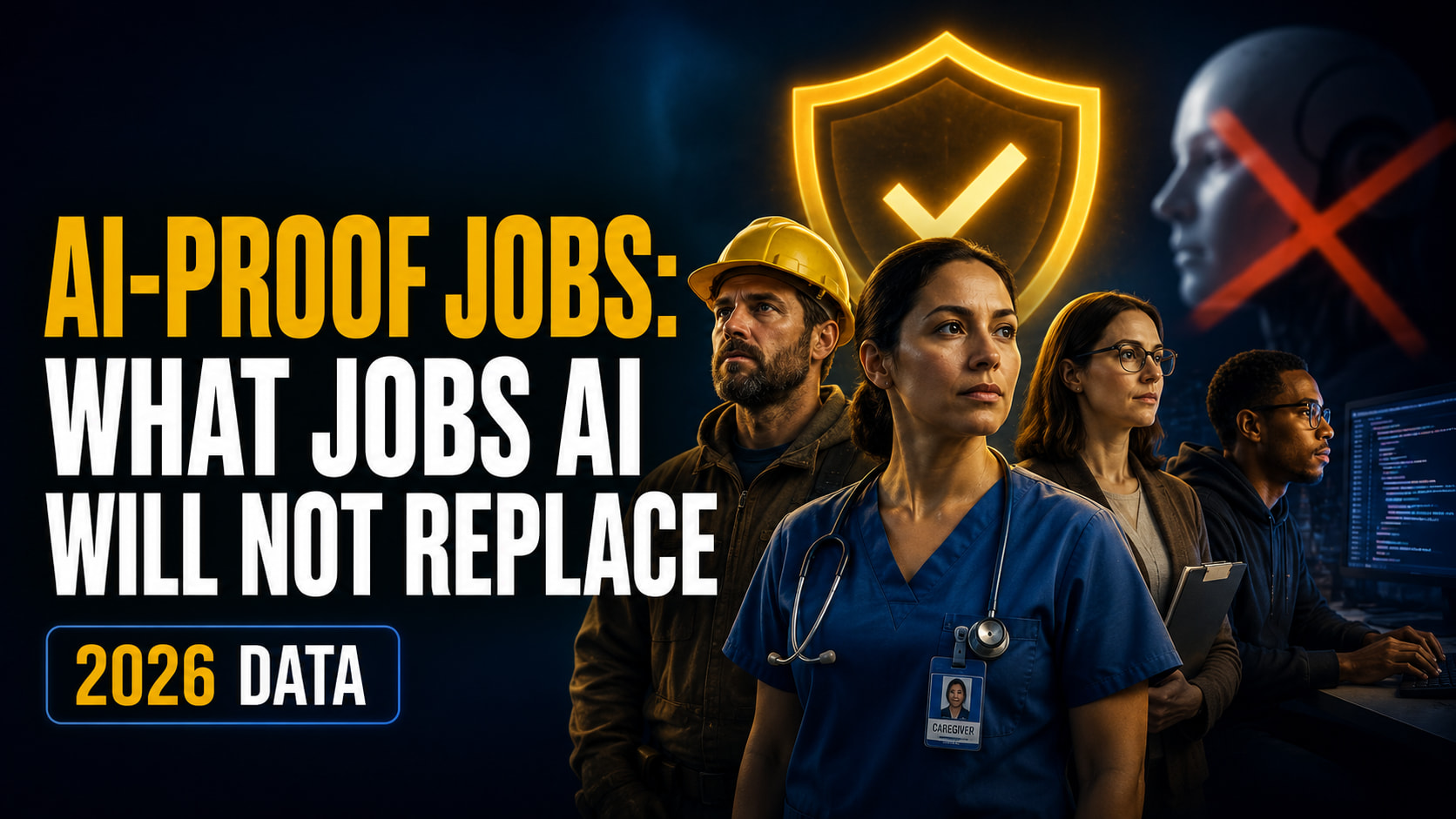 Widescreen thumbnail with the headline “AI-PROOF JOBS: WHAT JOBS AI WILL NOT REPLACE” and a “2026 DATA” badge, alongside a group of workers including a caregiver, construction worker, office professional, and programmer, with a glowing shield and crossed-out robot in the background.