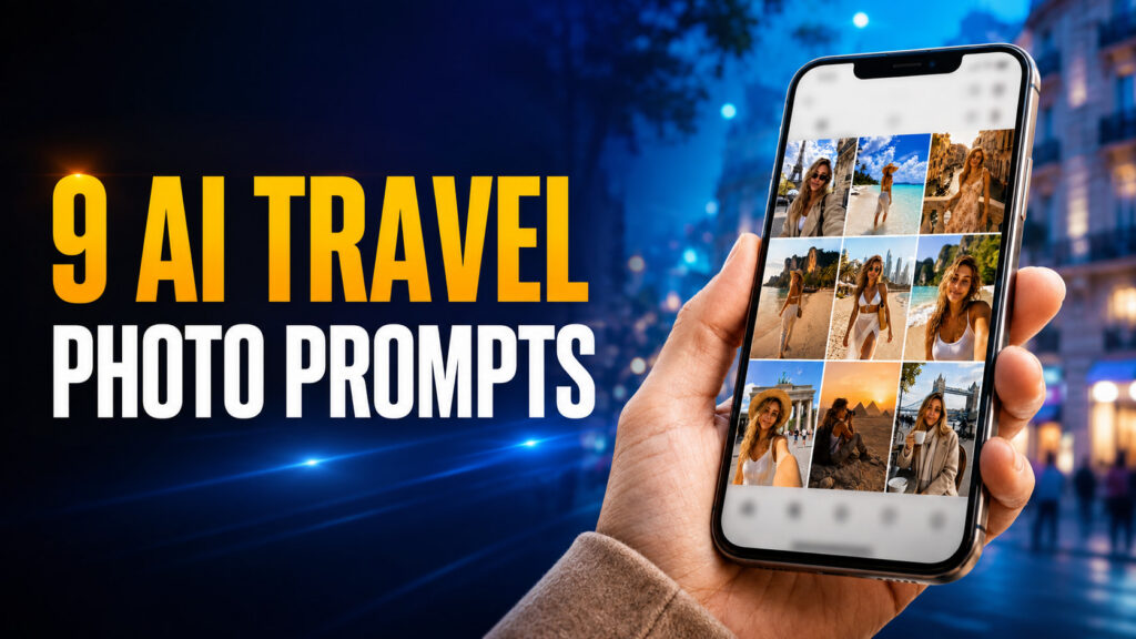 Fello AI thumbnail with the headline “9 AI Travel Photo Prompts” beside a hand holding an iPhone displaying nine AI-generated travel selfies from destinations including Paris, tropical beaches, Egypt, Berlin, Dubai, and London.