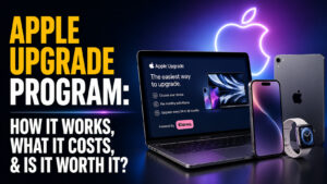 Apple Upgrade Program thumbnail featuring a MacBook, iPhone, iPad and Apple Watch against a blue-purple neon background, with the headline “Apple Upgrade Program: How It Works, What It Costs, and Is It Worth It?”