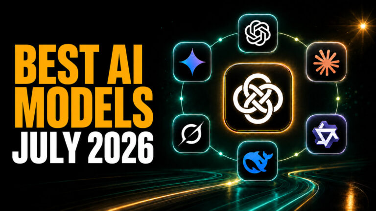 Fello AI thumbnail with the headline “BEST AI MODELS JULY 2026,” showing recognizable AI model logo tiles orbiting a central Fello AI app icon on a dark teal and gold neon tech background.