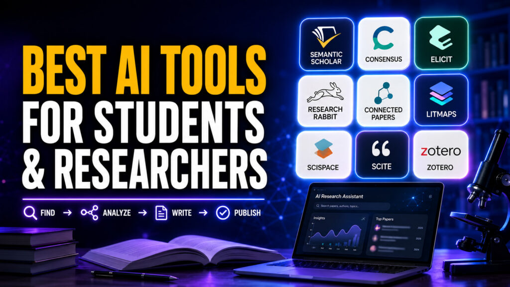 Wide FelloAI thumbnail with the headline “BEST AI TOOLS FOR STUDENTS & RESEARCHERS” beside a glowing grid of research app logos, including Semantic Scholar, Consensus, Elicit, ResearchRabbit, Connected Papers, Litmaps, SciSpace, Scite and Zotero, with books, a laptop and microscope on a blue-purple academic background.
