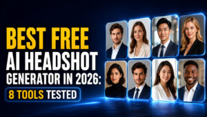 Thumbnail for “Best Free AI Headshot Generator in 2026: 8 Tools Tested,” featuring eight polished professional AI headshots on a dark blue cinematic background.