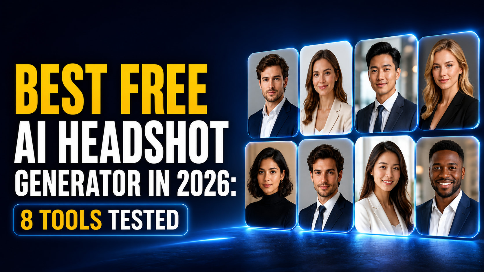 Thumbnail for “Best Free AI Headshot Generator in 2026: 8 Tools Tested,” featuring eight polished professional AI headshots on a dark blue cinematic background.