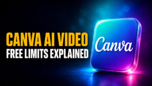 CANVA AI VIDEO FREE LIMITS EXPLAINED” beside a glossy Canva logo tile in teal, blue, purple, and magenta on a dark cinematic background.