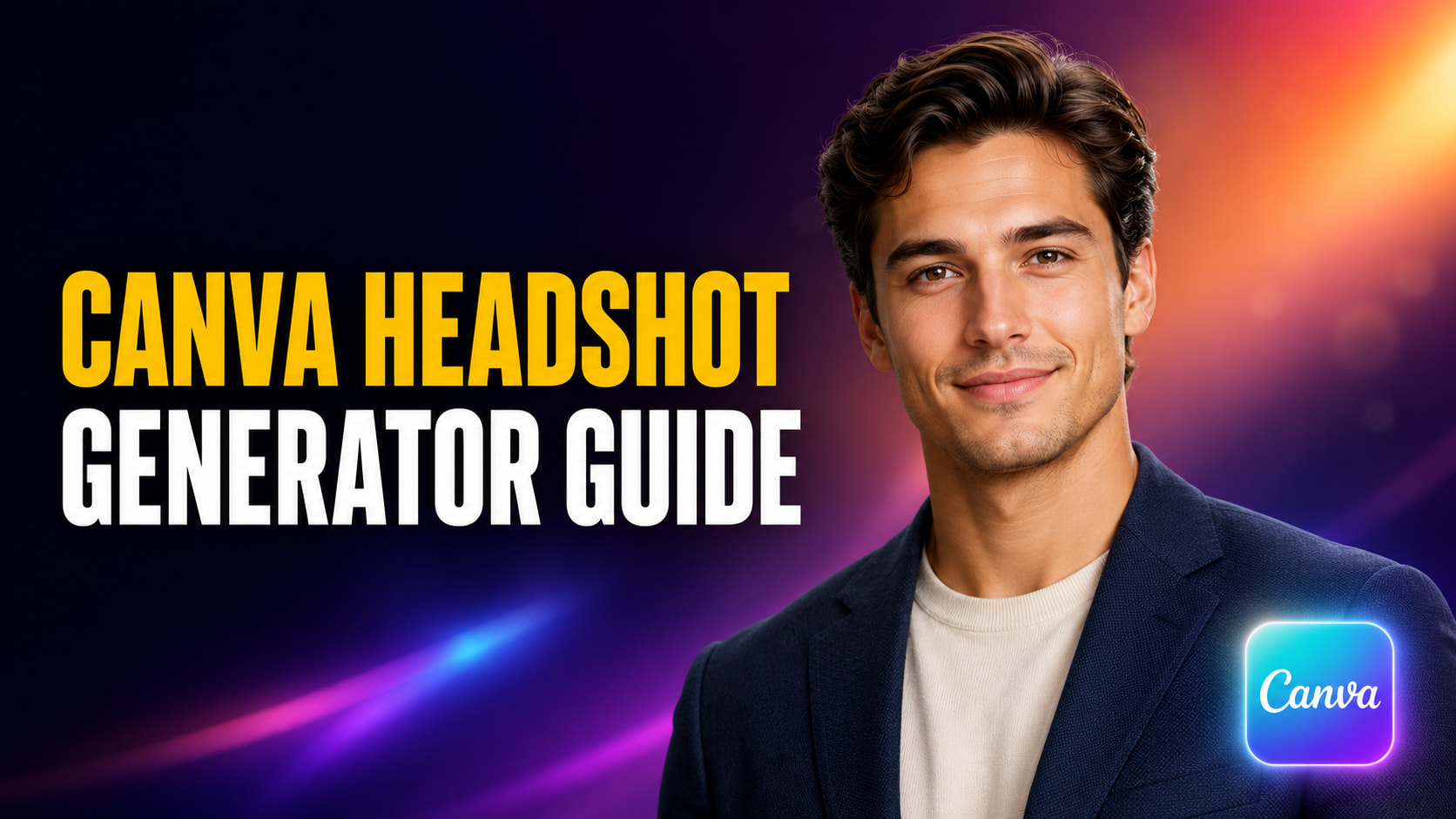Canva Headshot Generator Guide thumbnail featuring a polished professional AI headshot, bold yellow-and-white text, and a glowing Canva logo on a cinematic purple and orange background.