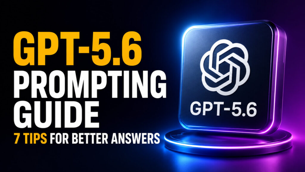 Widescreen neon thumbnail reading “GPT-5.6 Prompting Guide — 7 Tips for Better Answers,” with a glowing GPT-5.6 OpenAI-style icon on the right against a blue-purple futuristic background.