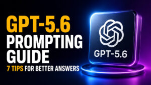 Widescreen neon thumbnail reading “GPT-5.6 Prompting Guide — 7 Tips for Better Answers,” with a glowing GPT-5.6 OpenAI-style icon on the right against a blue-purple futuristic background.