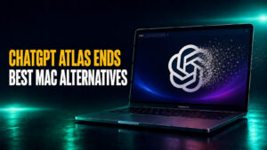 ChatGPT Atlas Ends — Best Mac Alternatives thumbnail featuring a MacBook Pro with one large ChatGPT logo dissolving into particles against a dark teal neon background.