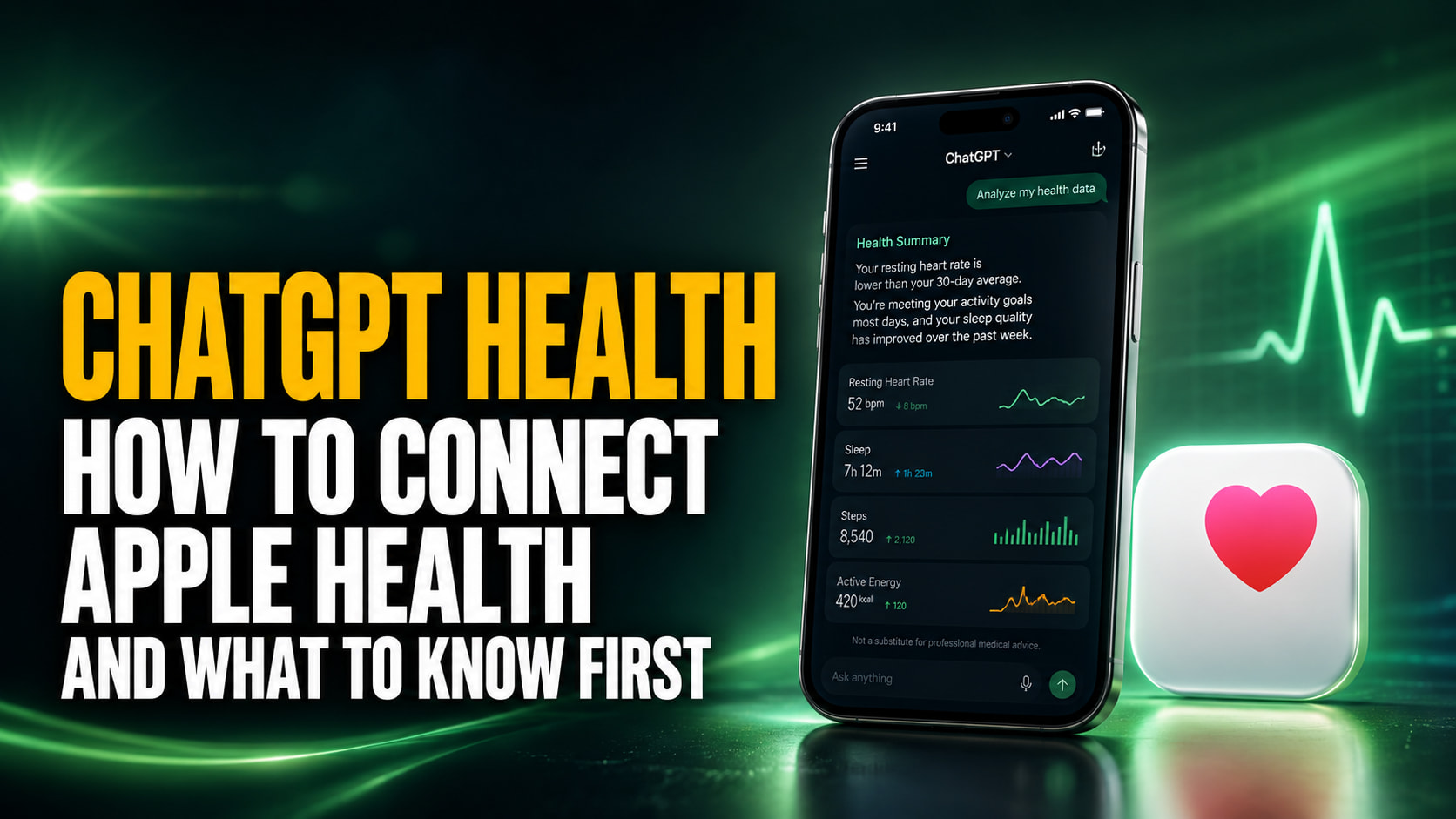 Wide Fello AI thumbnail with the headline “CHATGPT HEALTH — HOW TO CONNECT APPLE HEALTH AND WHAT TO KNOW FIRST” beside an iPhone displaying a ChatGPT Health dashboard, an Apple Health icon, and glowing privacy and heart-rate graphics on a blue and purple background.