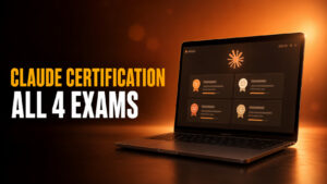 Fello AI thumbnail reading “CLAUDE CERTIFICATION – ALL 4 EXAMS” beside a MacBook displaying four Claude certification exam cards on a warm orange and brown Claude-inspired background.