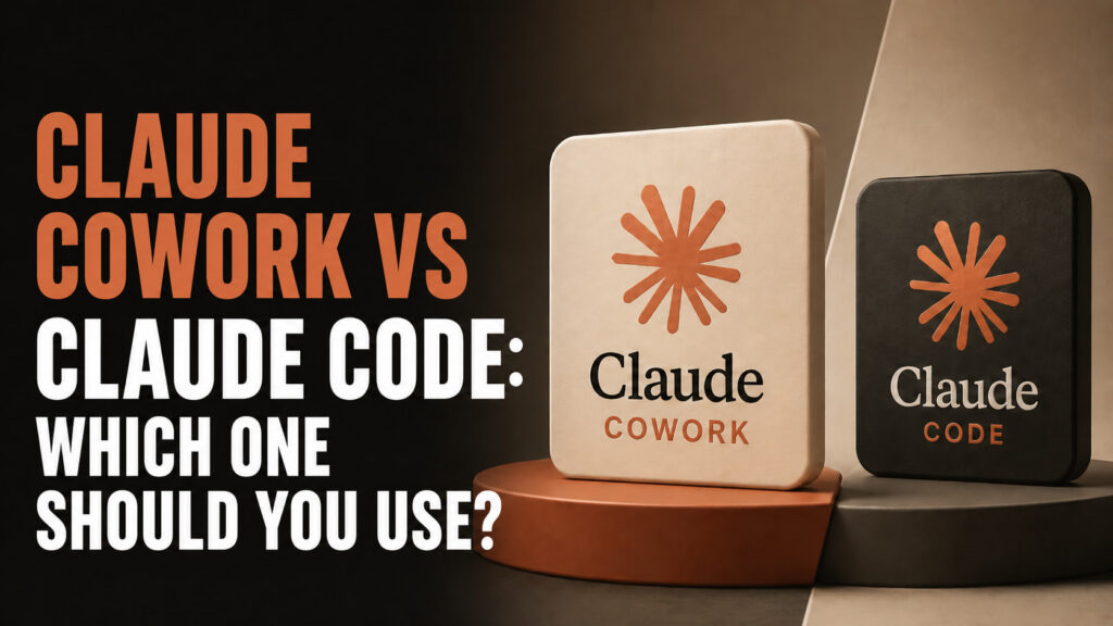 Claude Cowork vs Claude Code comparison thumbnail with the headline “CLAUDE COWORK VS CLAUDE CODE: WHICH ONE SHOULD YOU USE?” beside two Claude-branded icons in warm beige, orange and black tones.