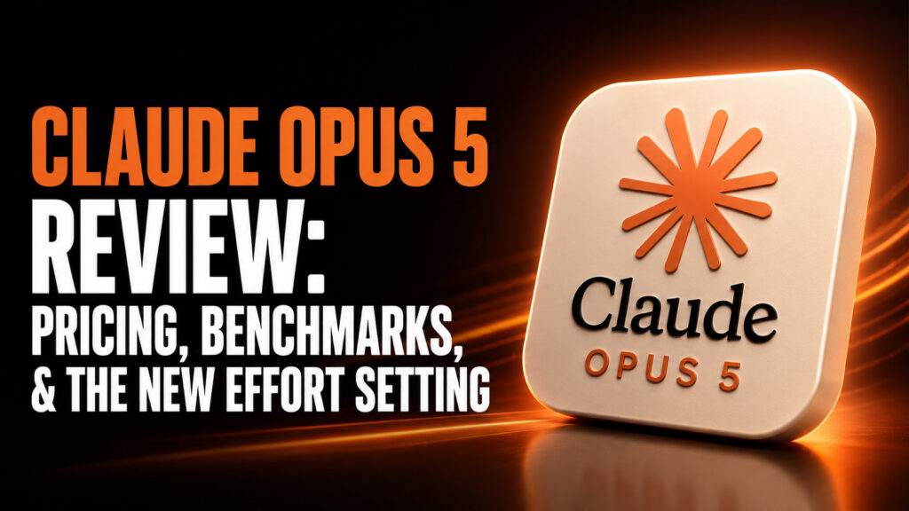 Claude Opus 5 review thumbnail featuring Anthropic’s official Claude logo on a glowing cream app icon, with pricing, benchmarks, and the new effort setting highlighted against a cinematic orange and black background.