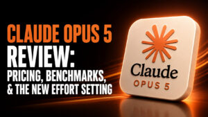 Claude Opus 5 review thumbnail featuring Anthropic’s official Claude logo on a glowing cream app icon, with pricing, benchmarks, and the new effort setting highlighted against a cinematic orange and black background.
