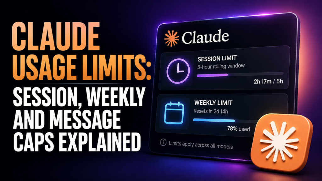 Claude Usage Limits thumbnail showing session and weekly usage meters on a dark dashboard, with the headline “Claude Usage Limits: Session, Weekly and Message Caps Explained” against an orange, purple and black background.