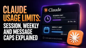 Claude Usage Limits thumbnail showing session and weekly usage meters on a dark dashboard, with the headline “Claude Usage Limits: Session, Weekly and Message Caps Explained” against an orange, purple and black background.