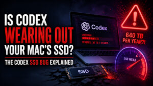 Wide 16:9 thumbnail with the headline “IS CODEX WEARING OUT YOUR MAC’S SSD? THE CODEX SSD BUG EXPLAINED” beside a MacBook running Codex, a red SSD wear warning, an exposed SSD drive, and a “640 TB per year” alert on a dark cinematic background.