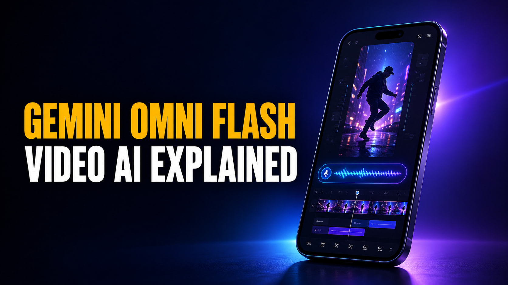 Widescreen tech thumbnail reading “GEMINI OMNI FLASH / VIDEO AI EXPLAINED,” with a glowing smartphone on the right showing an AI video-editing interface, a dancer in a vertical video frame, and a voice waveform to suggest talk-to-edit controls. The background uses deep blue and purple cinematic lighting with a glossy, futuristic feel.