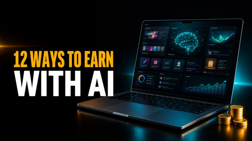 How to Make Money with AI thumbnail showing the headline “12 Ways to Earn with AI” beside a glowing MacBook with an abstract AI business dashboard and a stack of gold coins on a dark cinematic background.