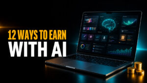 How to Make Money with AI thumbnail showing the headline “12 Ways to Earn with AI” beside a glowing MacBook with an abstract AI business dashboard and a stack of gold coins on a dark cinematic background.