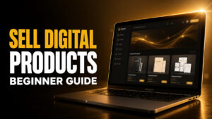 Widescreen gold-and-black thumbnail reading “SELL DIGITAL PRODUCTS / BEGINNER GUIDE,” with a MacBook Pro displaying a storefront of ebooks, planners, templates, and other digital downloads in a cinematic amber-lit setting.