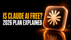 Thumbnail for “Is Claude AI Free?” showing the headline “IS CLAUDE AI FREE? 2026 PLAN EXPLAINED” beside a glowing Claude-style app icon in warm amber and orange tones on a dark cinematic background.