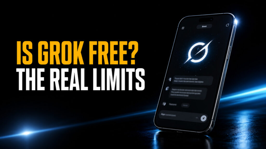 Thumbnail reading “Is Grok Free? The Real Limits” with a dark iPhone showing a Grok-style AI chat interface and glowing Grok mark, set against a black cinematic background with blue light streaks.