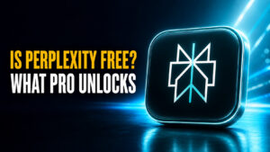 Thumbnail reading “Is Perplexity Free? What Pro Unlocks” with a large glowing Perplexity-style square icon on a dark blue and teal cinematic tech background.