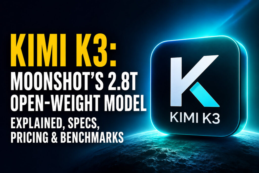Kimi K3 thumbnail with the headline “KIMI K3: MOONSHOT’S 2.8T OPEN-WEIGHT MODEL EXPLAINED, SPECS, PRICING & BENCHMARKS” beside a glowing Kimi K3 logo on a dark blue moonlit background.