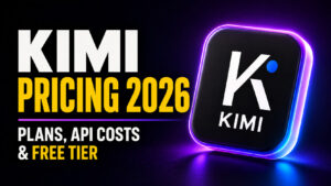 Kimi Pricing 2026 thumbnail featuring a glowing Kimi app logo with the text “Plans, API Costs & Free Tier” on a dark purple and blue neon background.