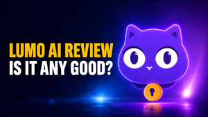 Lumo AI review thumbnail with the headline “LUMO AI REVIEW – IS IT ANY GOOD?” beside Proton’s purple Lumo cat logo on a cinematic blue and purple background.