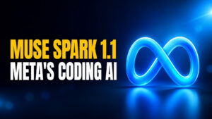 Fello AI article thumbnail for “Muse Spark 1.1: Meta’s Coding AI,” featuring a large glowing Meta AI infinity logo on a blue and cyan cinematic background. Bold amber and white headline text reads “MUSE SPARK 1.1 / META’S CODING AI.”