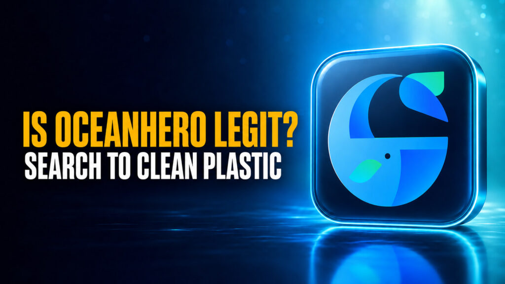 Thumbnail reading “Is OceanHero Legit? Search to Clean Plastic” with a large glossy OceanHero logo icon on a deep blue and teal ocean-tech background.