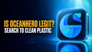 Thumbnail reading “Is OceanHero Legit? Search to Clean Plastic” with a large glossy OceanHero logo icon on a deep blue and teal ocean-tech background.