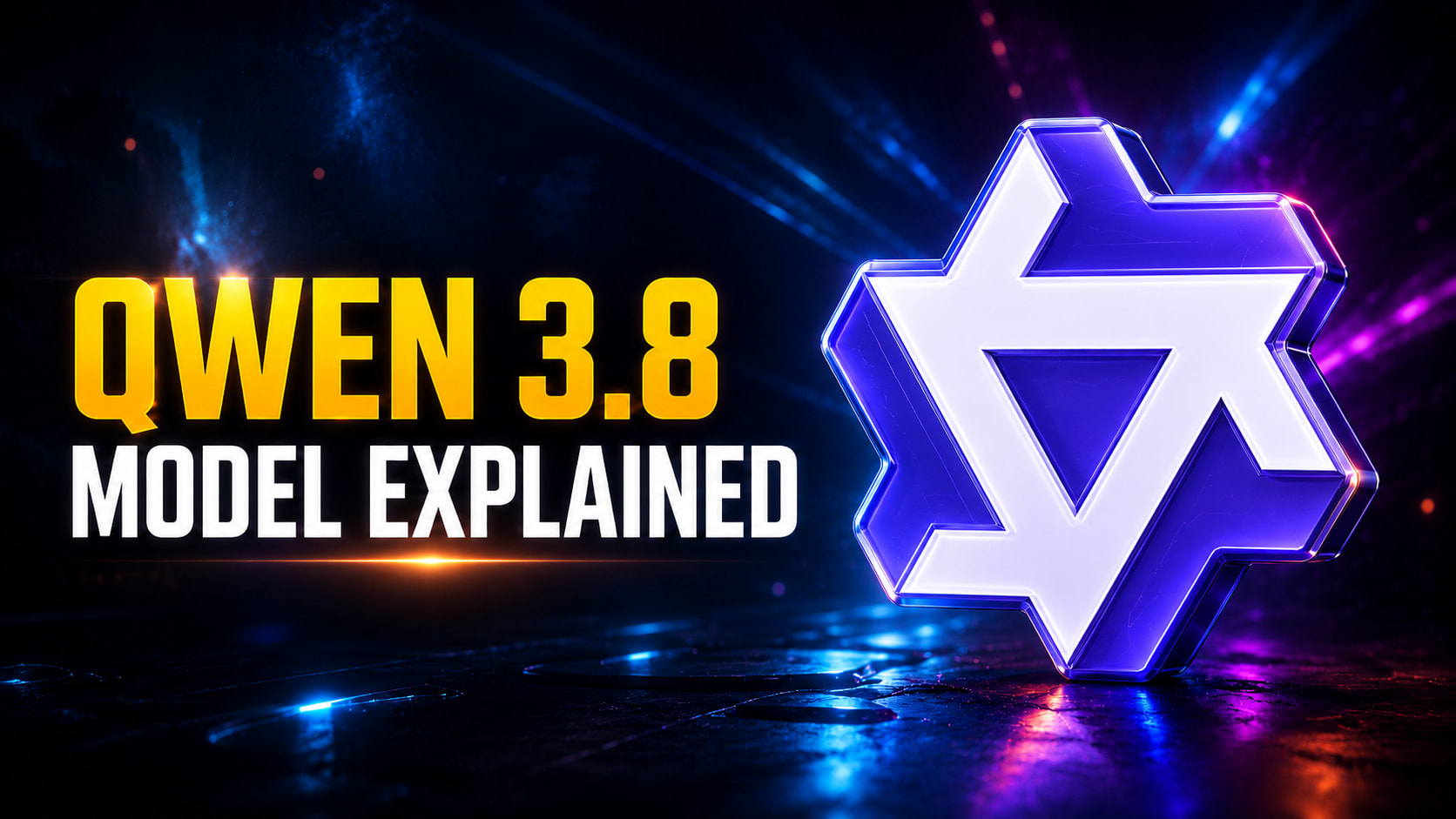 Wide 16:9 Qwen 3.8 thumbnail with the headline “QWEN 3.8 MODEL EXPLAINED” beside the official purple-and-white Qwen logo on a cinematic dark blue, purple, and orange neon background.