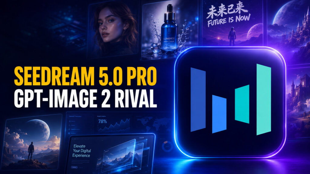 Seedream 5.0 Pro: GPT-Image 2 Rival,” featuring a glowing Seedream logo badge on a cinematic blue and purple background filled with AI-generated image examples, including portraits, product shots, posters, dashboards, and fantasy scenes. Bold amber and white headline text reads “SEEDREAM 5.0 PRO / GPT-IMAGE 2 RIVAL.