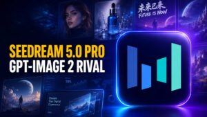 Seedream 5.0 Pro: GPT-Image 2 Rival,” featuring a glowing Seedream logo badge on a cinematic blue and purple background filled with AI-generated image examples, including portraits, product shots, posters, dashboards, and fantasy scenes. Bold amber and white headline text reads “SEEDREAM 5.0 PRO / GPT-IMAGE 2 RIVAL.