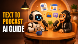 AI podcast guide cover featuring a robot and monkey podcasters recording in a warm 3D studio, with floating icons for text, web, image, and audio content.