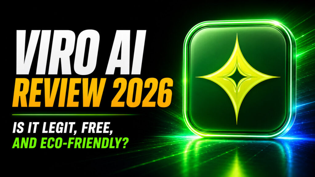 Thumbnail reading “Viro AI Review 2026” with the subheadline “Is it legit, free, and eco-friendly?” beside a large glowing Viro AI logo icon on a green neon tech background.