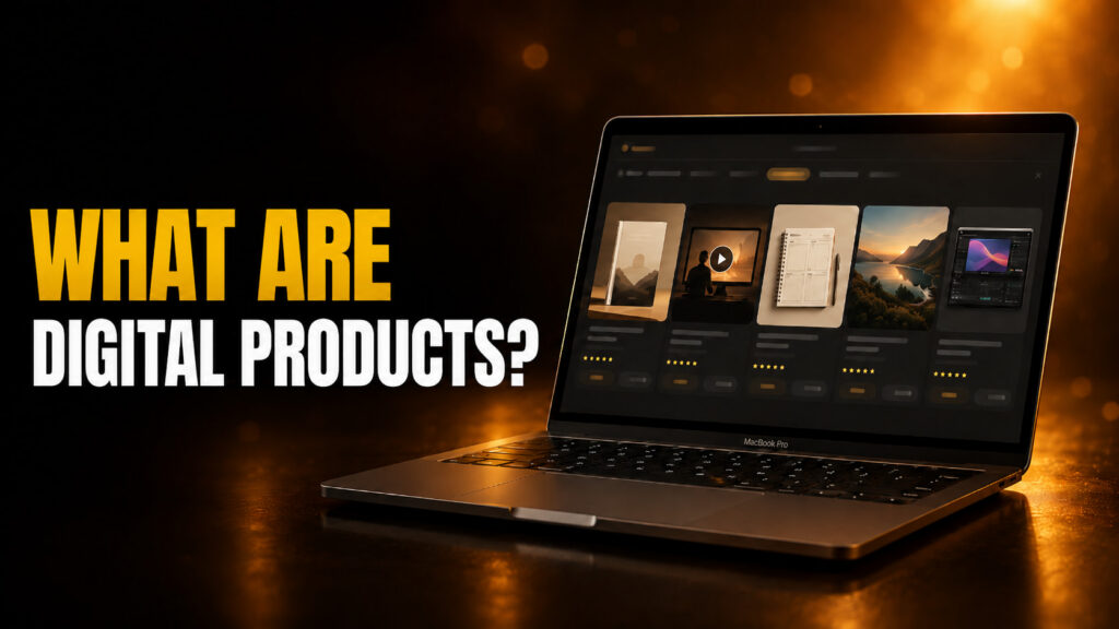 Widescreen gold-and-black thumbnail reading “WHAT ARE DIGITAL PRODUCTS?” with a MacBook Pro displaying an online marketplace of ebooks, video courses, planners, photos, and digital design tools in a cinematic amber-lit setting.