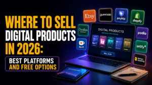 Widescreen thumbnail with the headline “WHERE TO SELL DIGITAL PRODUCTS IN 2026: BEST PLATFORMS AND FREE OPTIONS” beside a laptop displaying digital products, surrounded by platform logos including Etsy, Gumroad, Payhip, Shopify, Ko-fi, Podia, Sellfy, Creative Market, and Lemon Squeezy.