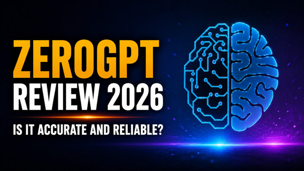 Wide 16:9 ZeroGPT Review 2026 thumbnail with the headline “ZEROGPT REVIEW 2026 — IS IT ACCURATE AND RELIABLE?” beside a glowing blue half-digital, half-human brain logo on a dark neon blue and purple background.